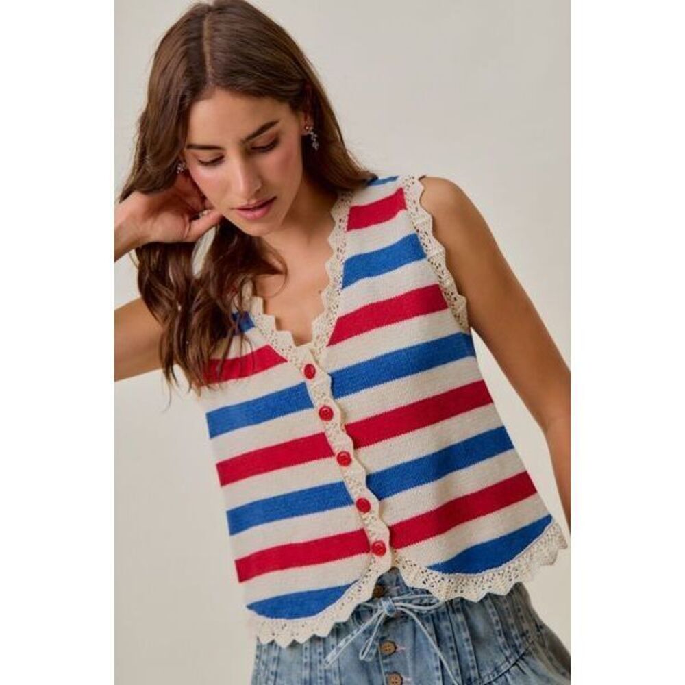 SO ME Fourth Of July Stripe Button Down Vest Top